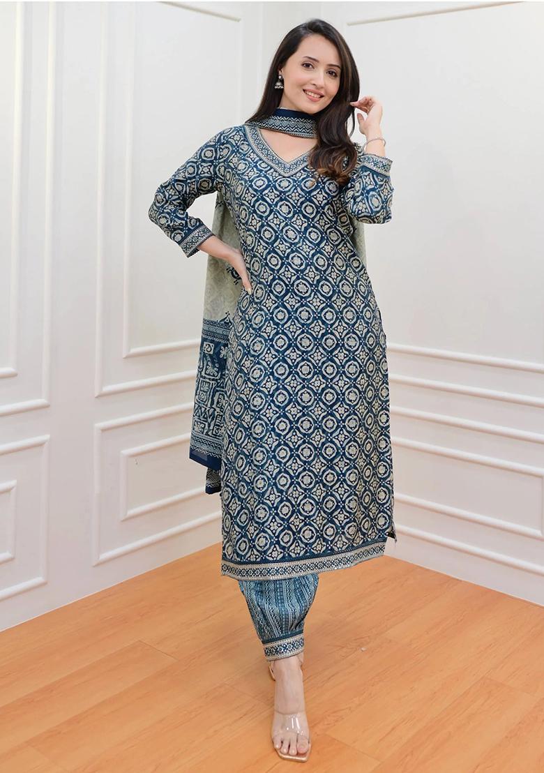 Navy Blue Printed Rayon Kurta Set