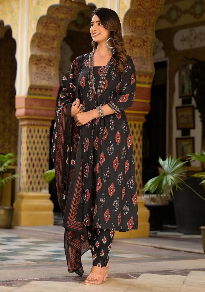 Black Printed Rayon Kurta Set