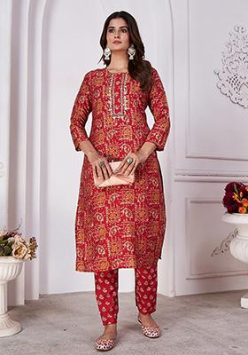 Red Printed Rayon Kurta Set