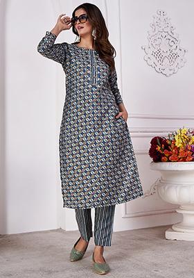 Blue Printed Rayon Kurta Set