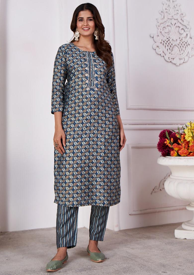 Blue Printed Rayon Kurta Set