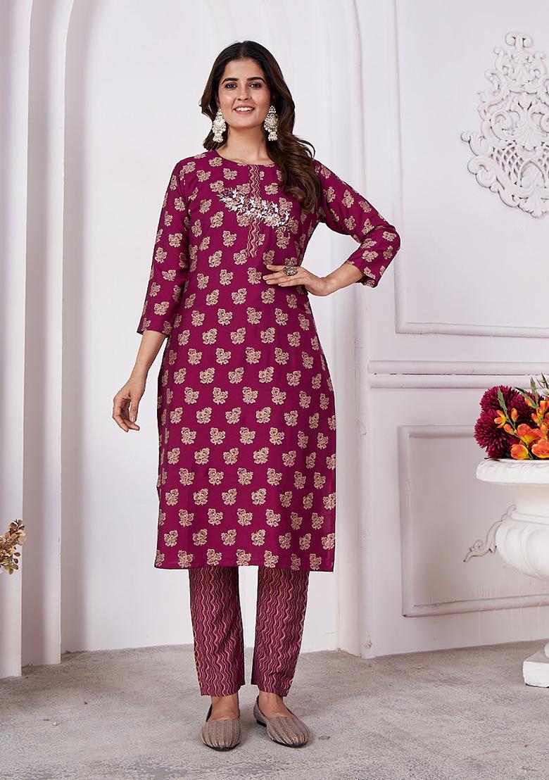 Purple Printed Rayon Kurta Set