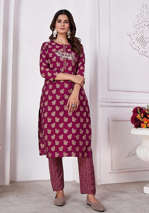 Purple Printed Rayon Kurta Set