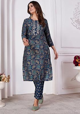 Navy Blue Printed Rayon Kurta Set