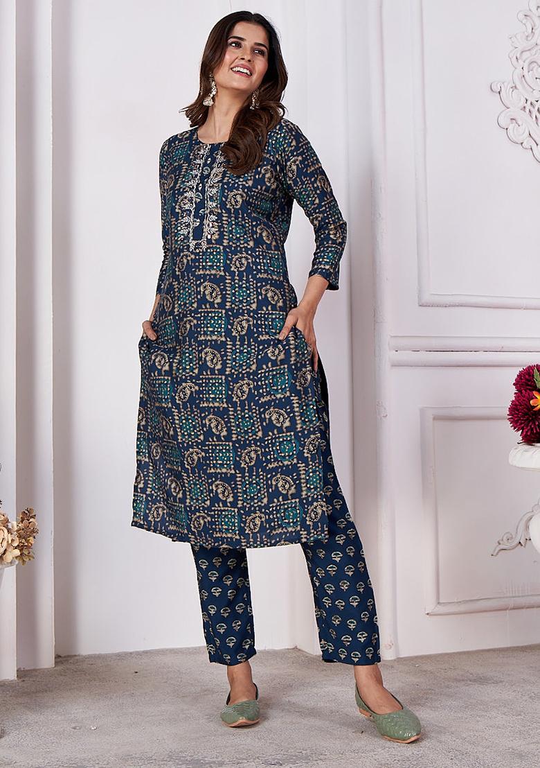 Navy Blue Printed Rayon Kurta Set