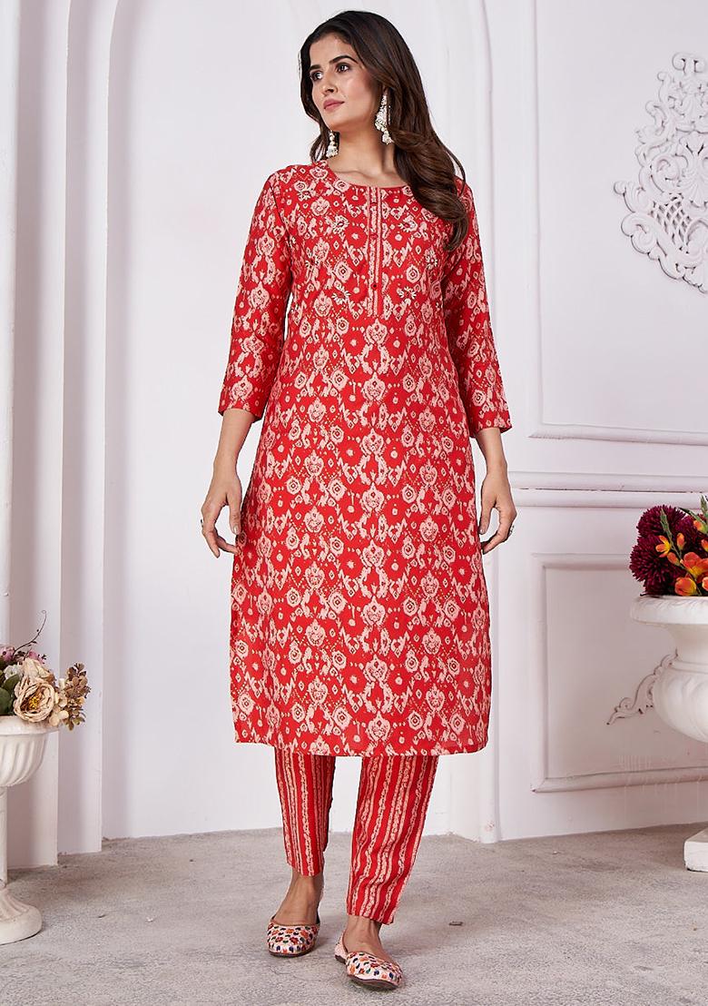 Pink Printed Rayon Kurta Set
