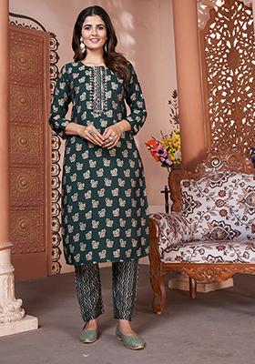 Green Printed Rayon Kurta Set