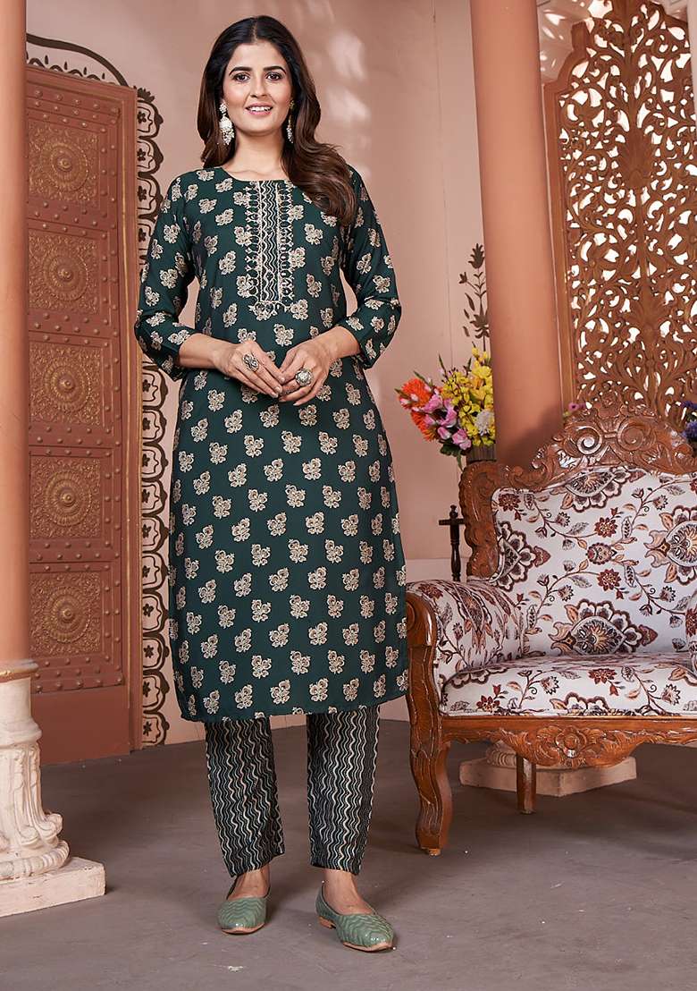 Green Printed Rayon Straight Kurta Set - Indya
