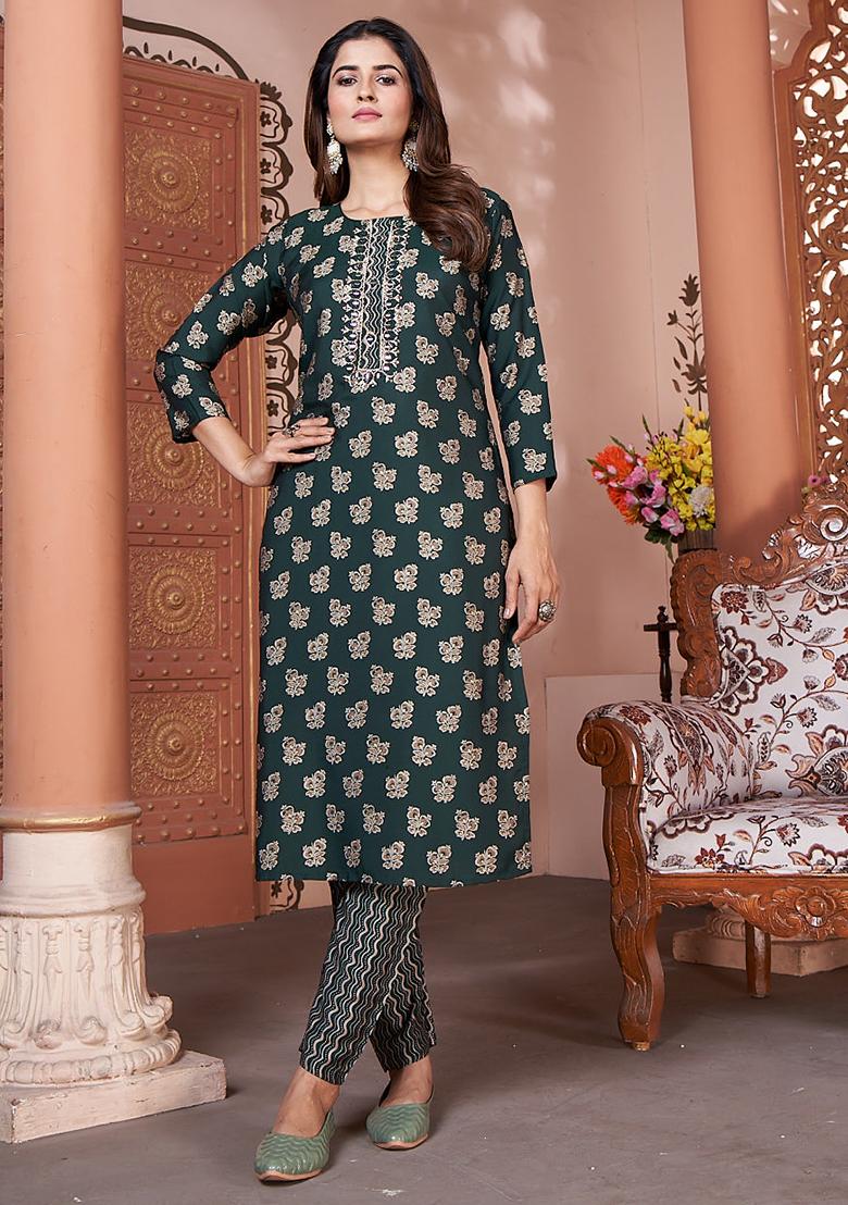 Green Printed Rayon Kurta Set