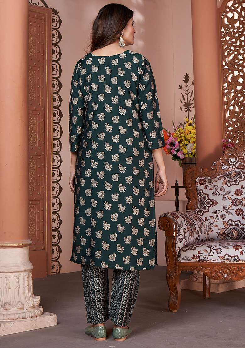 Green Printed Rayon Straight Kurta Set - Indya