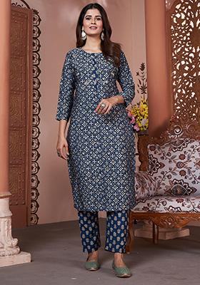Blue Printed Rayon Kurta Set