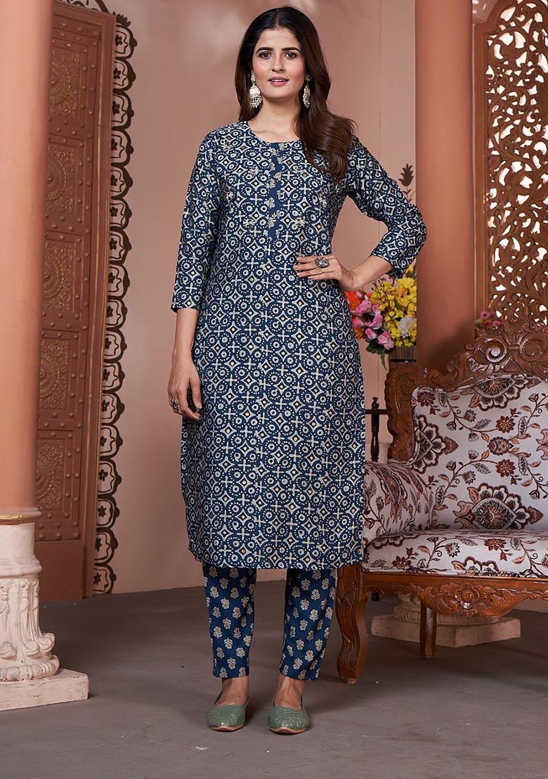 Blue Printed Rayon Kurta Set