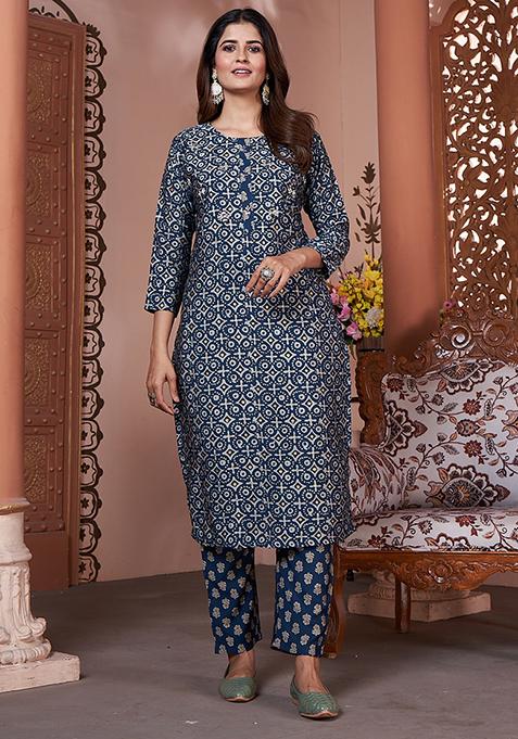 Blue Printed Rayon Kurta Set