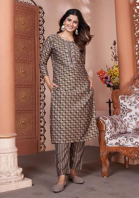 Brown Printed Rayon Kurta Set