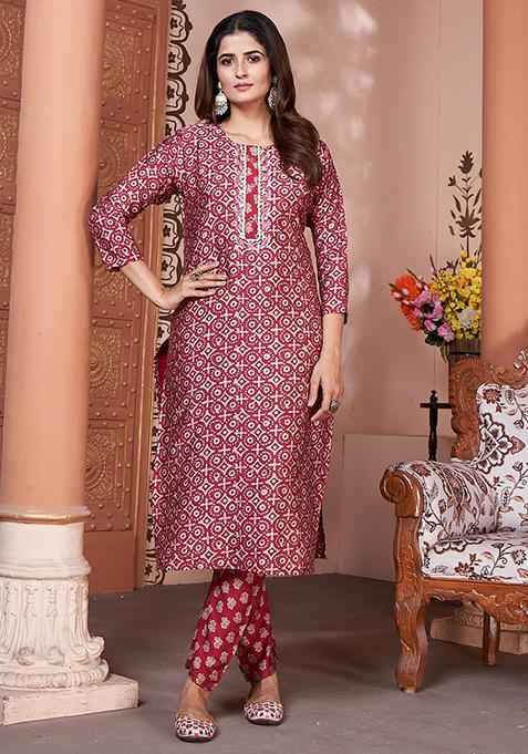 Red Printed Rayon Kurta Set