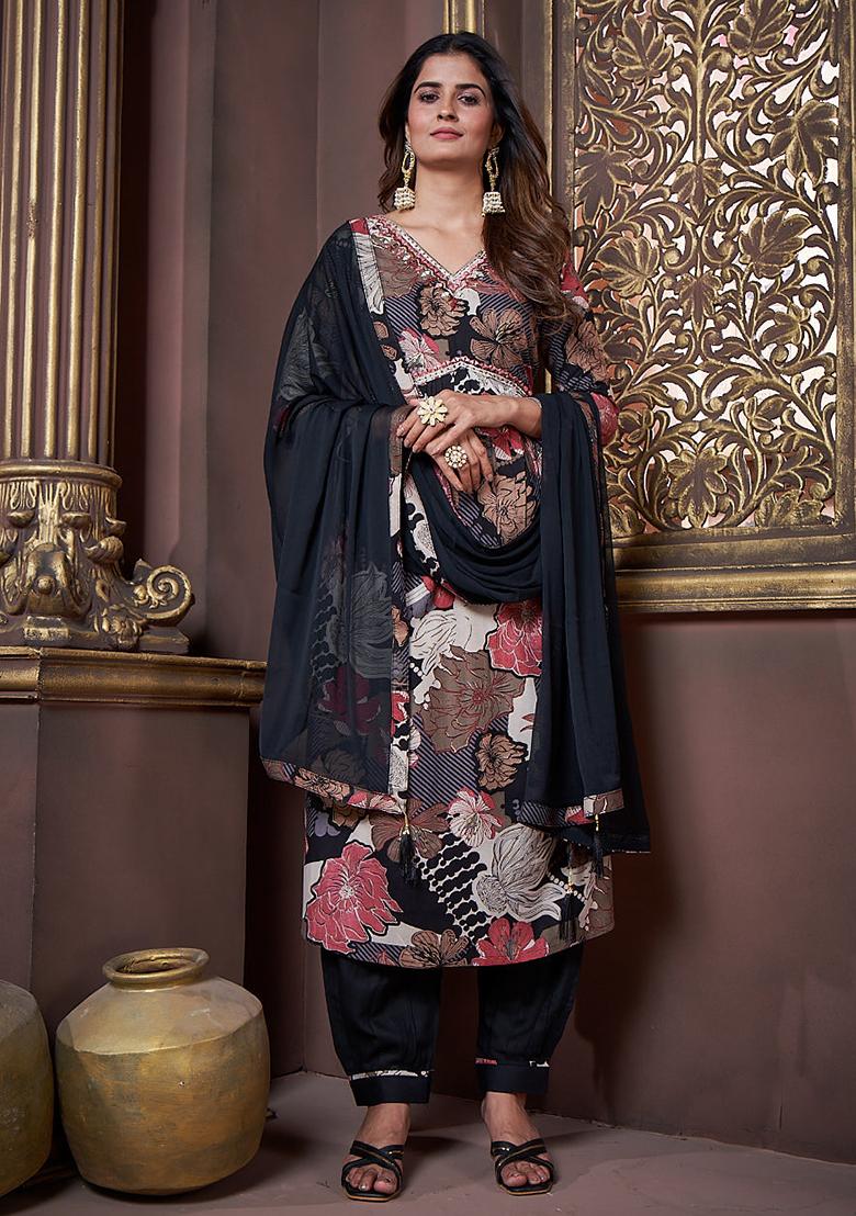 Black Printed Rayon Kurta Set