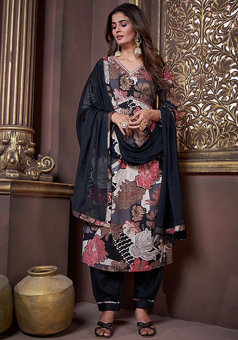 Black Printed Rayon Kurta Set