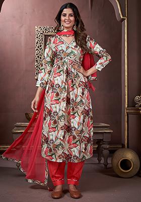 Off White Printed Rayon Kurta Set