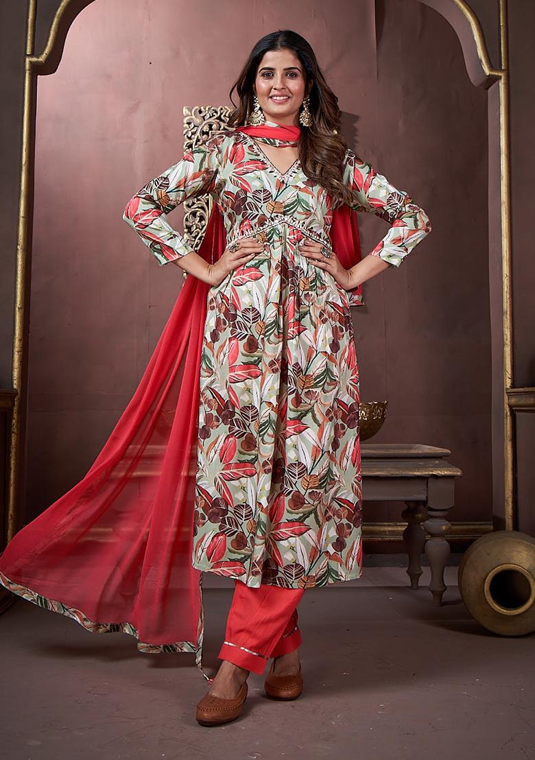 Off White Printed Rayon Kurta Set