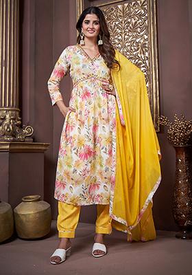 Off White Printed Rayon Kurta Set