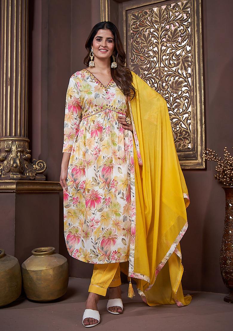 Off White Printed Rayon Kurta Set