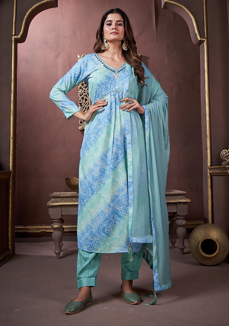 Sky Blue Printed Rayon Kurta Set