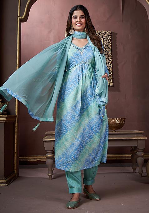 Sky Blue Printed Rayon Kurta Set