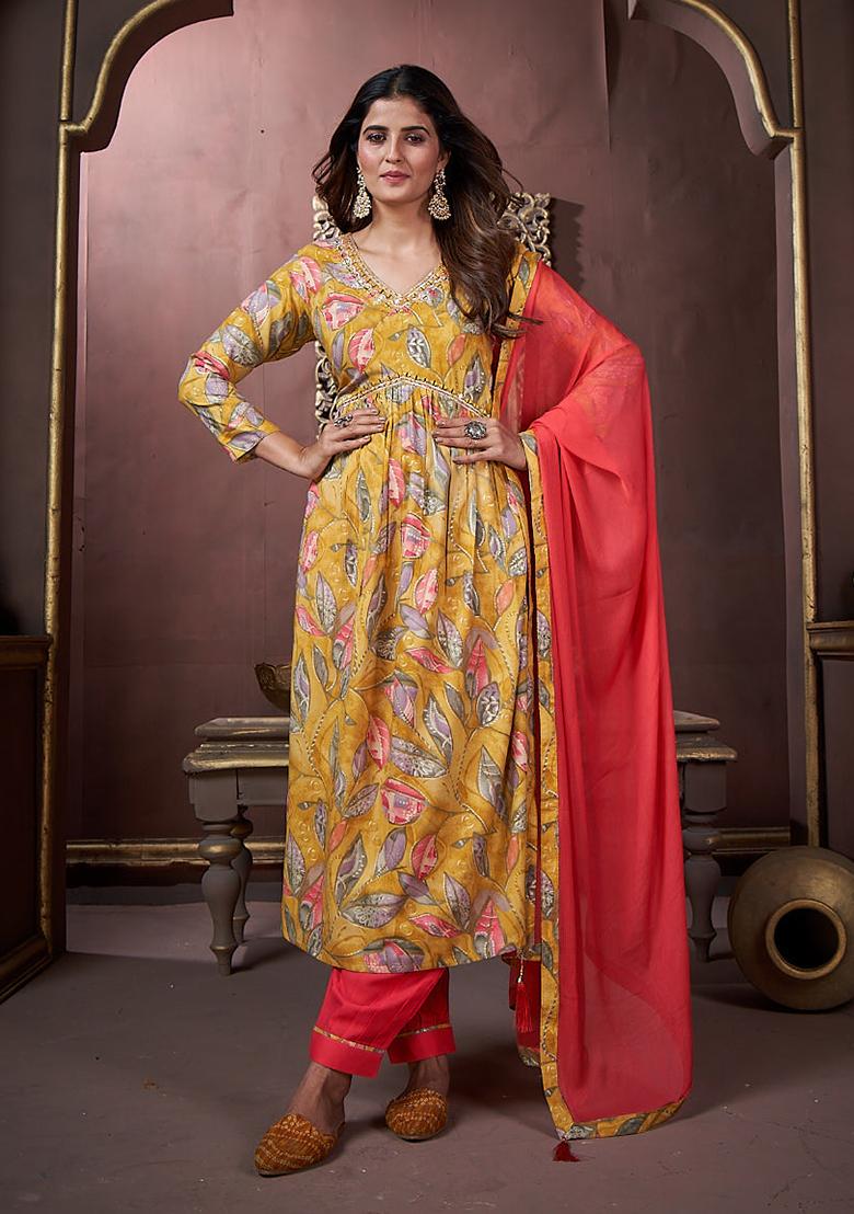 Yellow Printed Rayon Kurta Set