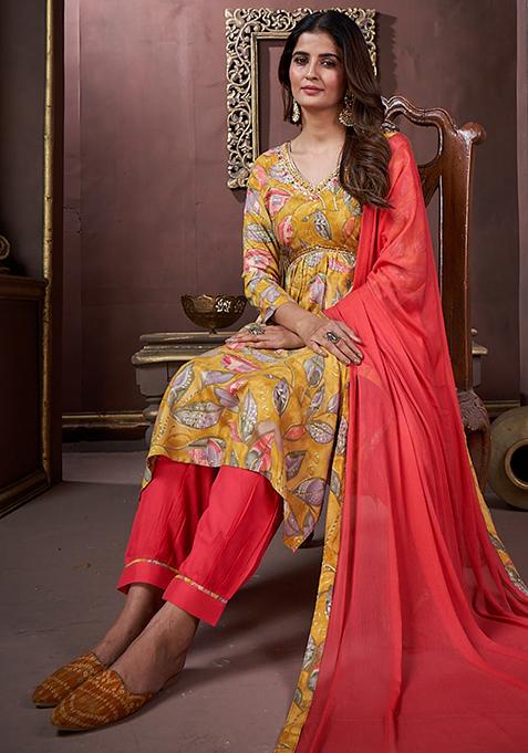 Yellow Printed Rayon Kurta Set