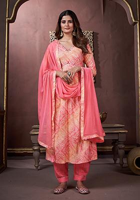 Peach Printed Rayon Kurta Set