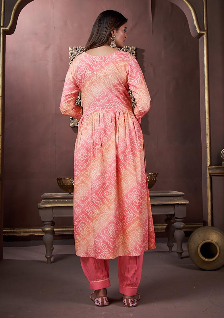 Peach Printed Rayon Kurta Set