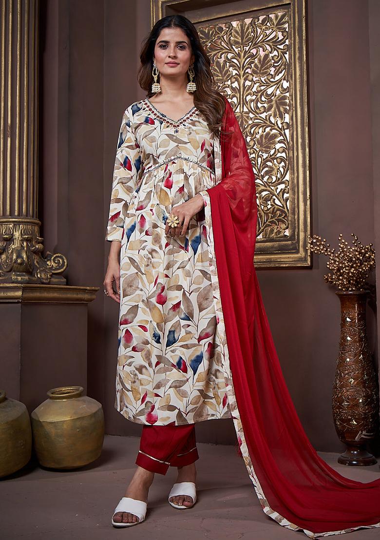 Off White Printed Rayon Kurta Set