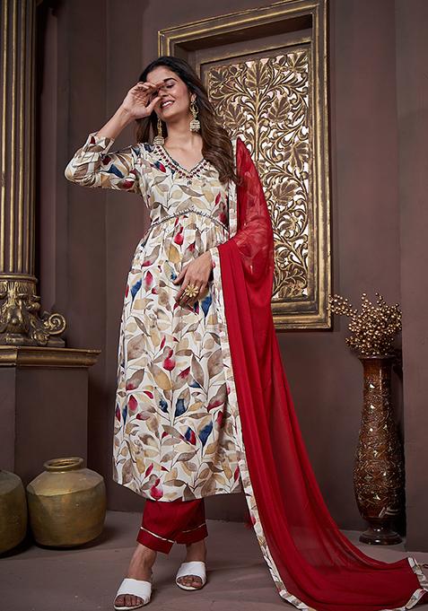 Off White Printed Rayon Kurta Set