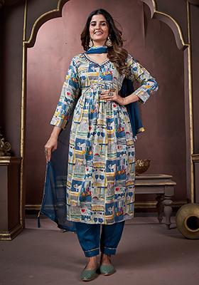 Blue Printed Rayon Kurta Set