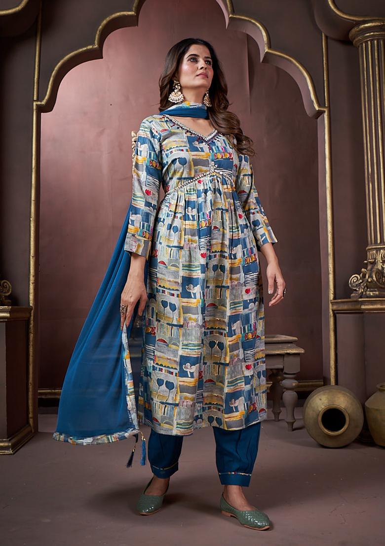 Blue Printed Rayon Kurta Set