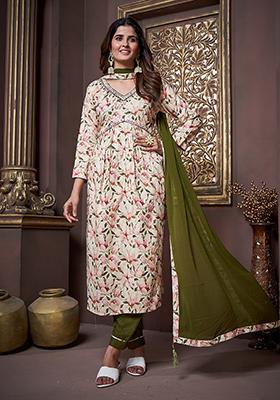 Off White Printed Rayon Kurta Set