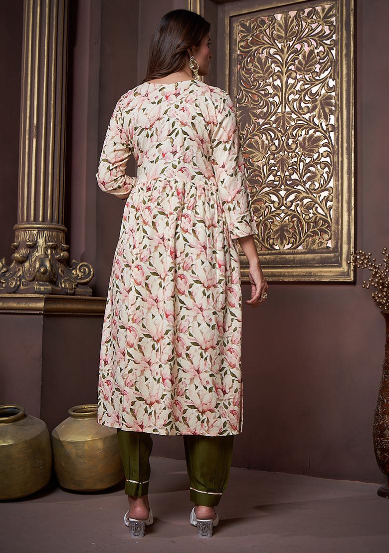 Off White Printed Rayon Kurta Set