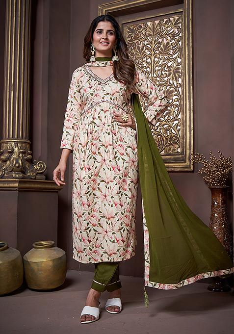 Off White Printed Rayon Kurta Set