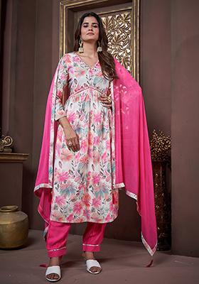 Off White Printed Rayon Kurta Set