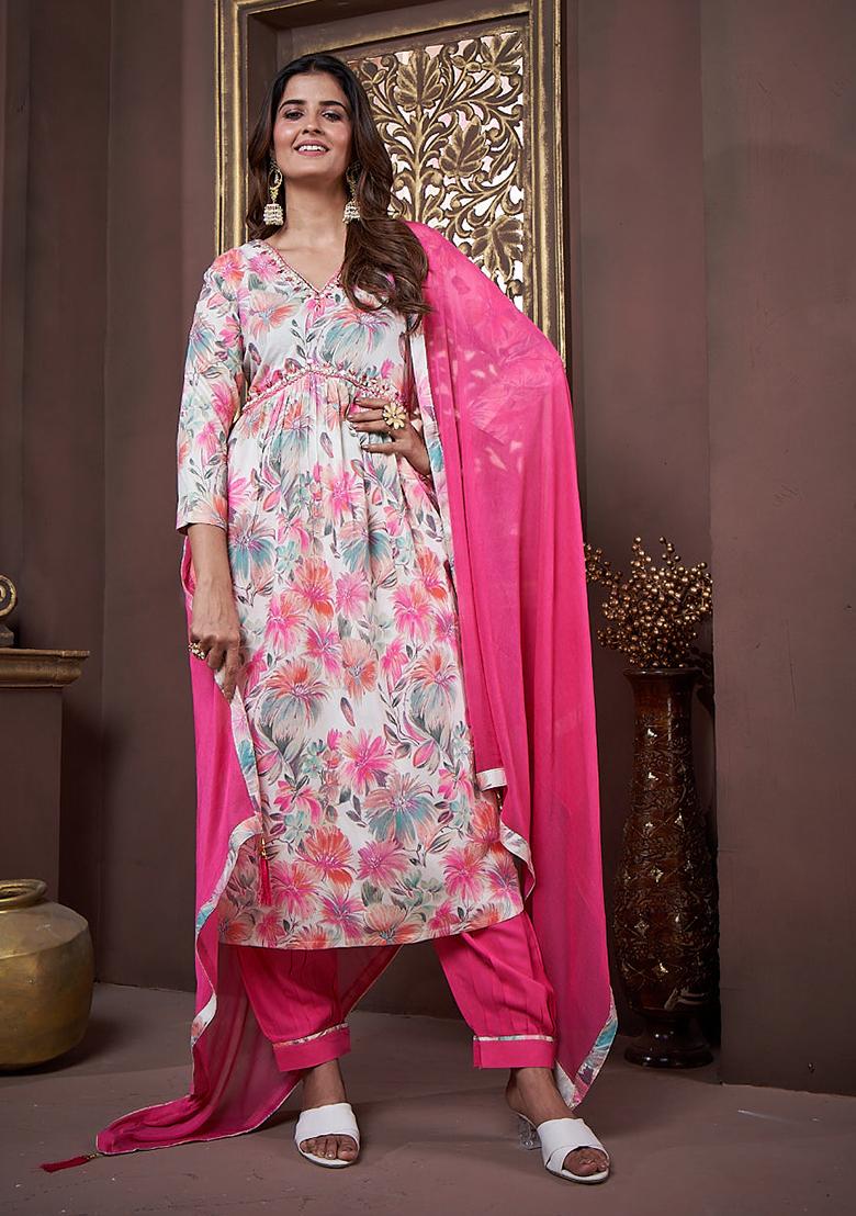 Off White Printed Rayon Kurta Set