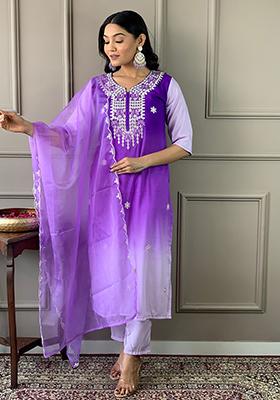 Purple Embroidered Muslin Kurta Set