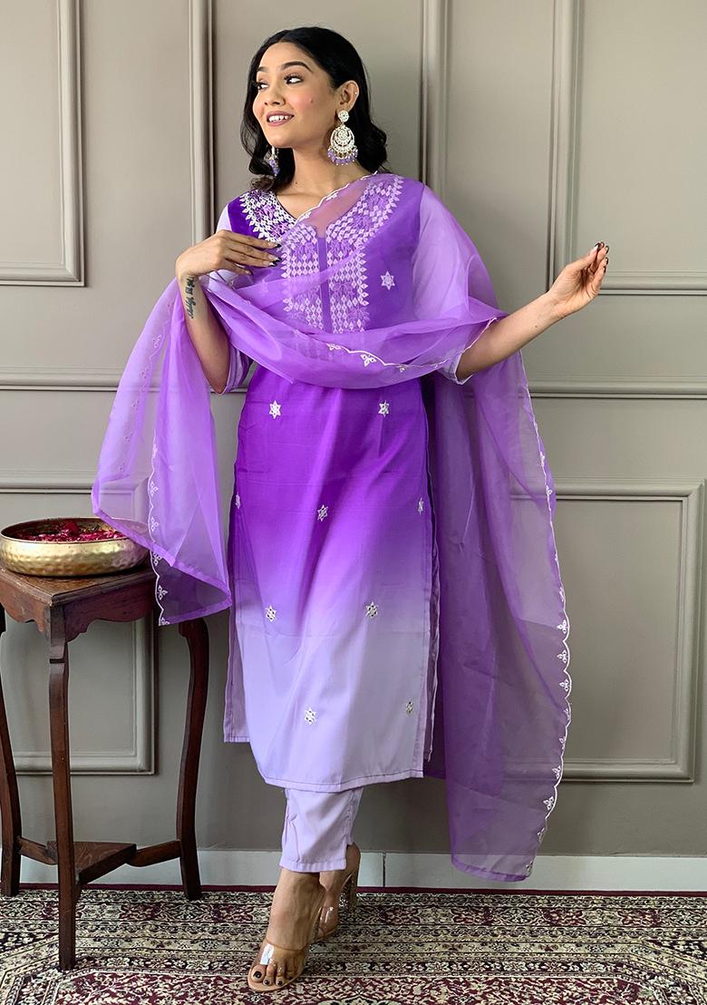 Purple Embroidered Muslin Kurta Set