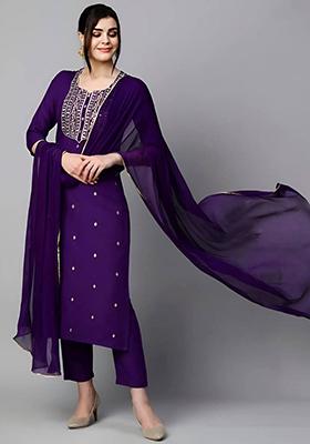 Purple Embroidered Rayon Kurta Set