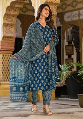 Blue Printed Rayon Kurta Set
