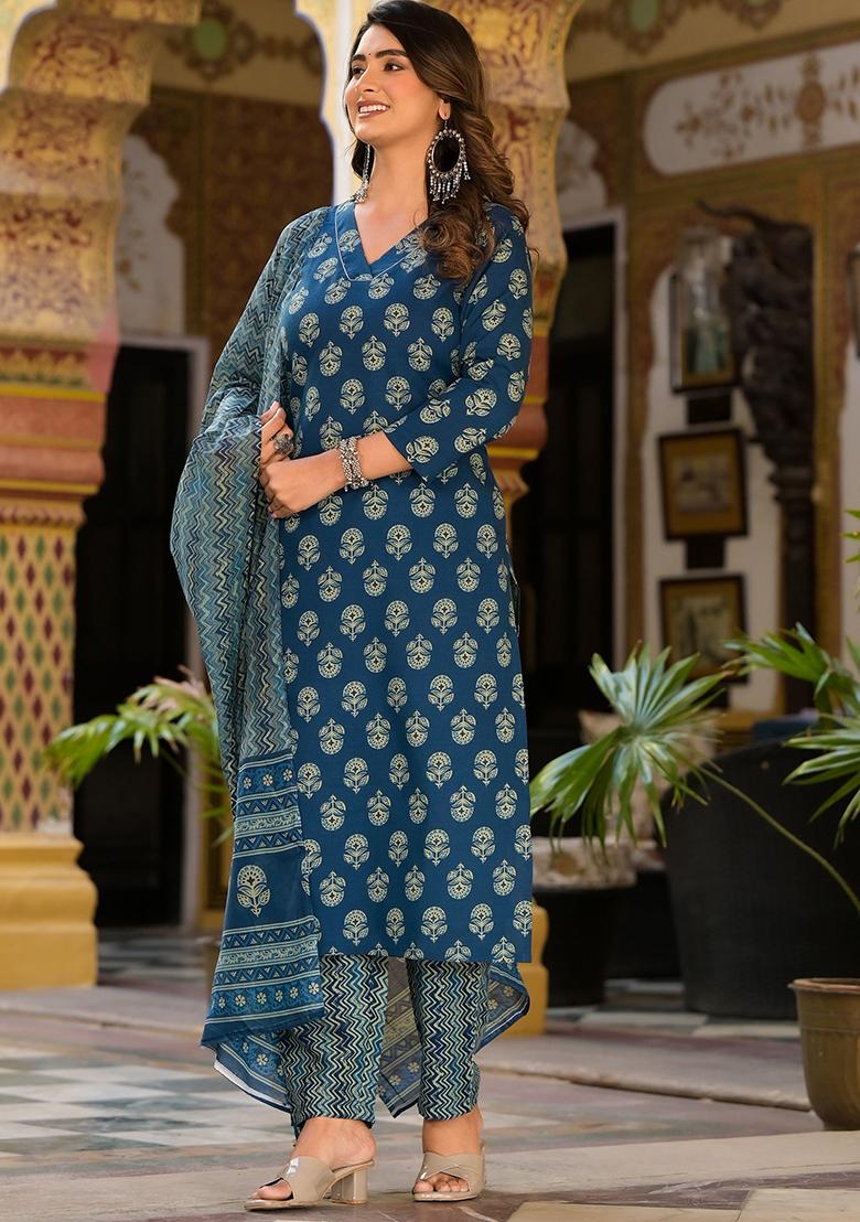 Blue Printed Rayon Kurta Set