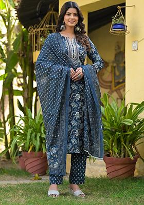 Blue Printed Rayon Kurta Set