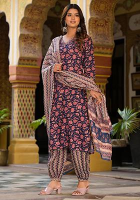 Navy Blue Printed Rayon Kurta Set