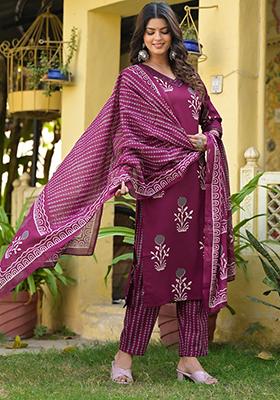 Purple Printed Rayon Kurta Set
