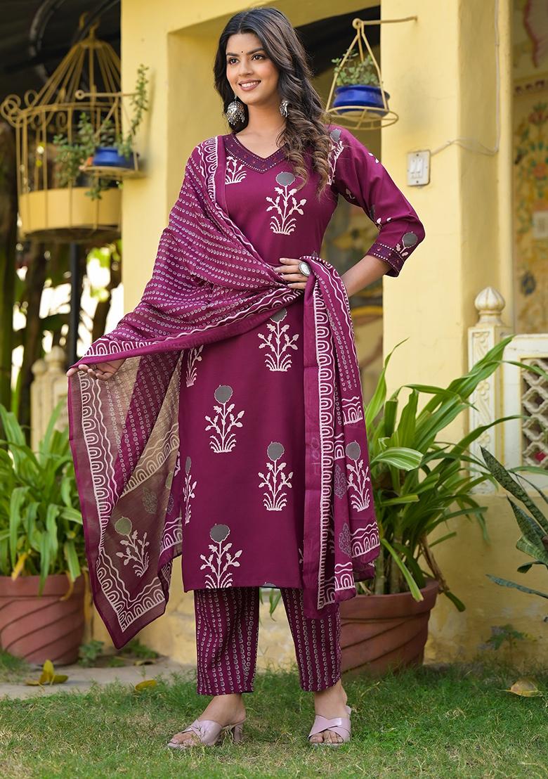 Purple Printed Rayon Kurta Set