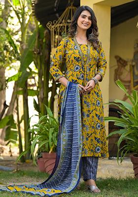 Mustard Printed Rayon Kurta Set